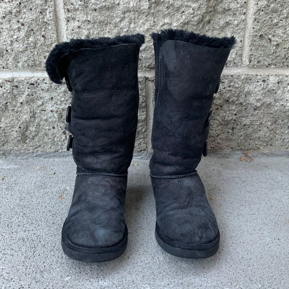 UGG AUSTRALIA Bailey Button Boots Womens 7 38 Black Suede High Boot Shearling - Picture 3 of 13